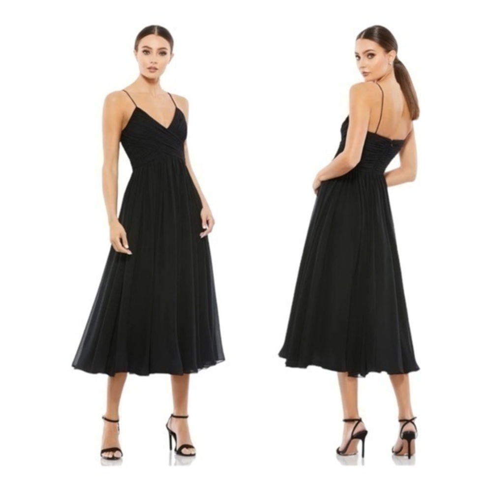 Mac Duggal Black Surplice Ruched Midi Dress faux‎ wrap size extra large NWT